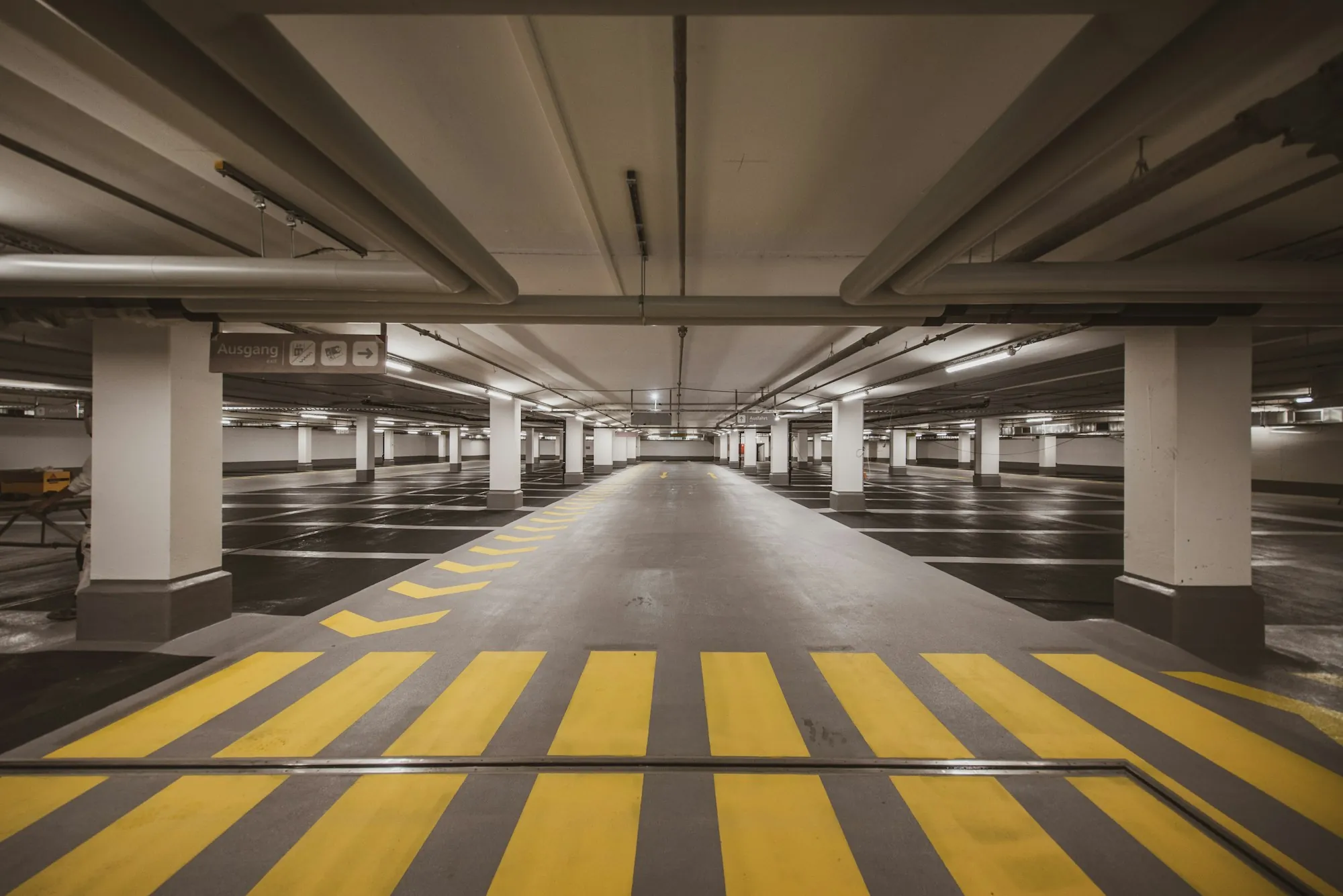 Parking garage with a painted crosswalk